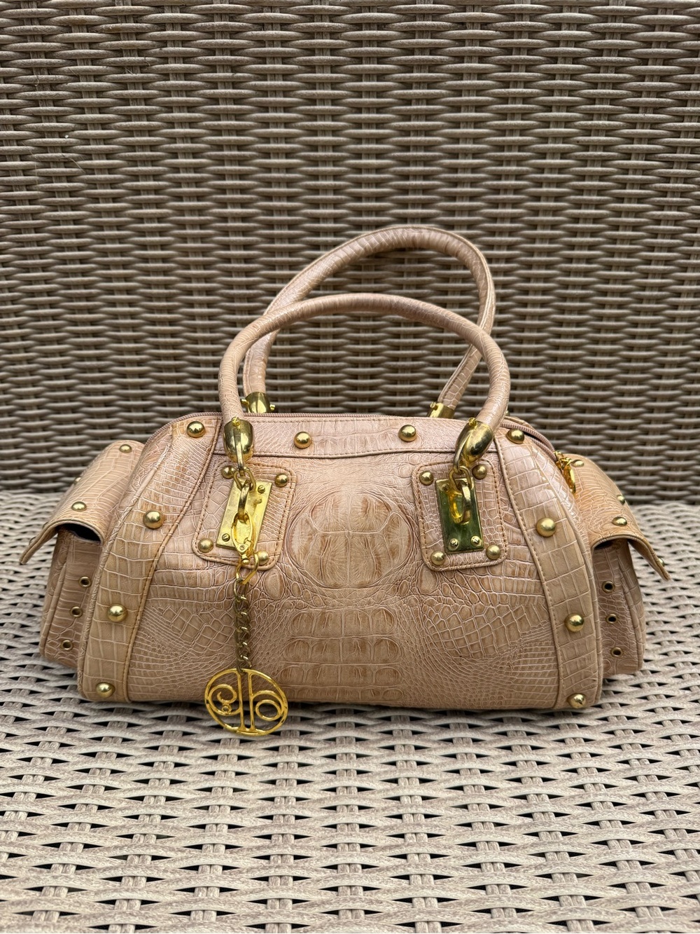 Croc-Embossed Top-Handle Satchel in Beige with Gold Hardware